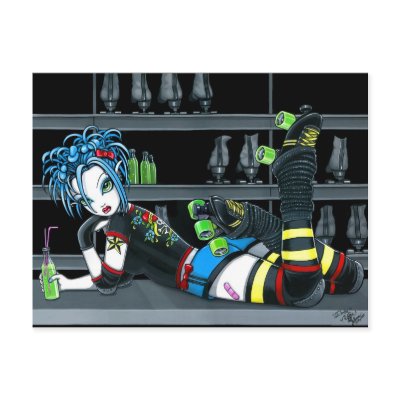 "Darby" Gothic Roller Derby Skate Girl Postcard by mykajelina