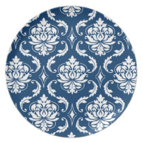 Dark Blue and White Damask Pattern Melamine Plates plates