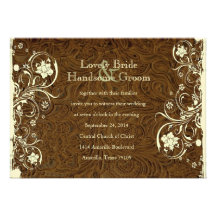 Dark Brown Leather Cream Lace Wedding Invitation