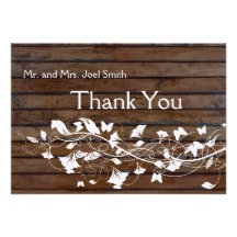 Dark Brown Wood Look White Floral  thank you card