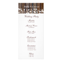 Dark Brown Wood, White Floral Wedding Program Custom Rack Cards