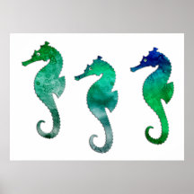 Dark Green Watercolor Seahorses Print