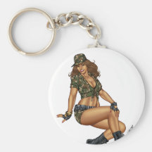 Dark Haired Army or Military Pinup Girl by Al Rio Key Chains