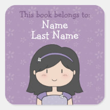 Dark-haired girl ex libris square sticker