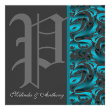 Dark Monogram "P" Teal Damask Invitation