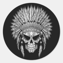 Dark Native Sugar Skull with Headdress Round Sticker