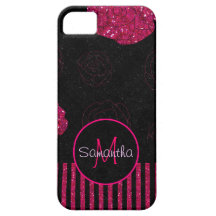 Dark Pink Black Faux Glitter Print Roses & Stripes iPhone 5 Covers