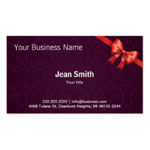 Dark Purple Damask with Red Ribbon business card