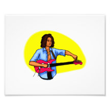 Dark skinned guitar player tuning pink red guitar photograph