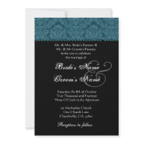 Dark Teal Black White Damask Wedding Invitation