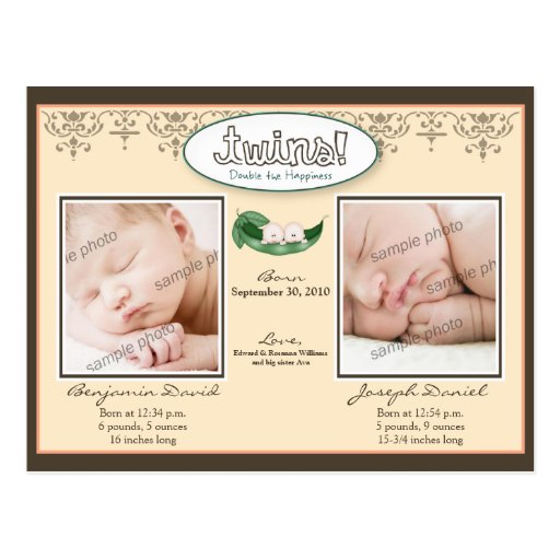 Darling Twin Boys Peach Birth/Baby Announcement Post Cards