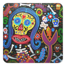 day of the dead mermaid square sticker