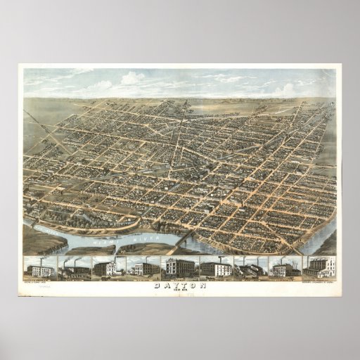Dayton Ohio 1870 Antique Panoramic Map Posters