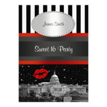 DC Skyline Bk Wht Strp Red Kiss Sweet 16 Party Custom Invite
