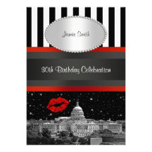 DC Skyline Blk Wht Stripe Red Kiss Birthday Custom Invitations
