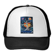 Deadwood Tree w lake moutains and red sun Mesh Hat