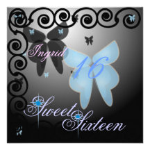 Debutant Butterfly Sweet Sixteen Blue/Black Invit. Invite