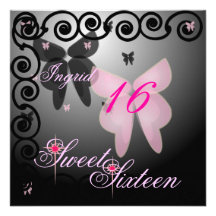 Debutant Butterfly Sweet Sixteen Pink/Black Invit. Personalized Announcements
