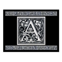 Decorative Letter "A" Woodcut Woodblock Inital Postcard