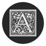 Decorative Letter "A" Woodcut Woodblock Inital Round Sticker