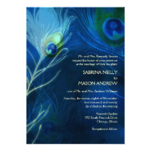 Deep Blue Peacock Feathers Modern Wedding Invites