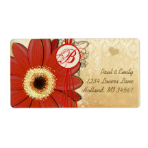 Deep Orange Red Musical Gerber Daisy Monogram Custom Shipping Labels