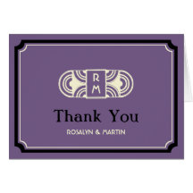 Deep purple deco retro monogram thank you card