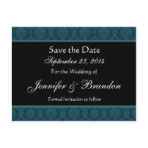 Deep Teal Blue Damask Save Date Postcard