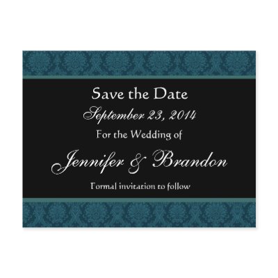 Deep Teal Blue Damask Save Date Postcard by JaclinArt