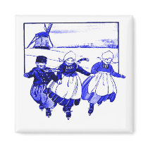 Delft Style,Blue Ducth Kids On Skates Fridge Magnets
