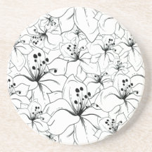 Delicate Black and White Floral Pattern Beverage Coasters