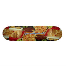 Delicious Breads, rolls, cream pie, macaroons and Skate Board