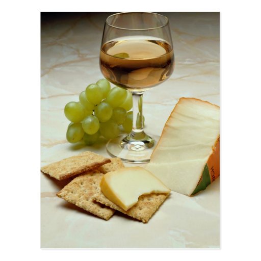 Delicious Cheese, crackers and wine glass Postcards