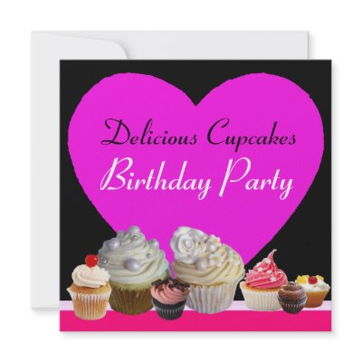 DELICIOUS CUPCAKES BIRTHDAY PARTY pink heart black Announcement by bulgan_lumini