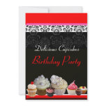 DELICIOUS CUPCAKES BIRTHDAY PARTY ,red pink black Invitation