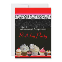 DELICIOUS CUPCAKES BIRTHDAY PARTY ,red pink black Invitation
