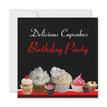 DELICIOUS CUPCAKES BIRTHDAY PARTY ,red pink black Custom Invites