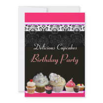 DELICIOUS CUPCAKES BIRTHDAY PARTY ,red pink black Personalized Invite