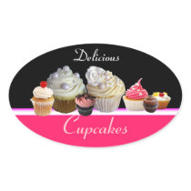 DELICIOUS CUPCAKES BIRTHDAY PARTY ,red pink black Oval Stickers