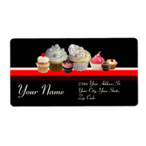 DELICIOUS CUPCAKES DESERT SHOP, Pink Black Red Personalized Shipping Label