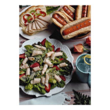 Delicious Hot dogs, turkey sandwich and meat salad Invitation
