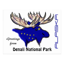 Denali National Park Alaska flag elk postcard