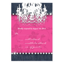 Denim Diamond Wedding Floral Pink Chandelier Reply Business Card Template