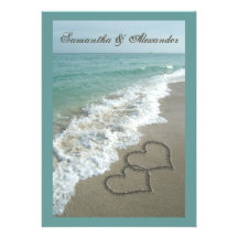 Destination de plage épousant 5x7, coeurs de sable cartons d'invitation personnalisés