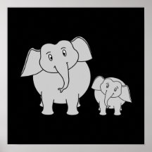 Deux éléphants mignons. Bande dessinée sur le noir Affiche