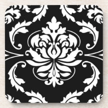 Diamond Damask in White on Black Beverage Coasters