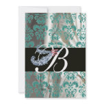 DIAMOND FEATHER BLUE WHITE SILK DAMASK MONOGRAM CUSTOM INVITATIONS