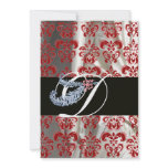 DIAMOND FEATHER RED WHITE SILK DAMASK MONOGRAM PERSONALIZED INVITATIONS