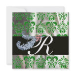 DIAMOND FEATHERS GREEN WHITE SILK DAMASK MONOGRAM PERSONALIZED ANNOUNCEMENT