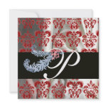 DIAMOND FEATHERS RED WHITE SILK DAMASK MONOGRAM CUSTOM INVITATIONS